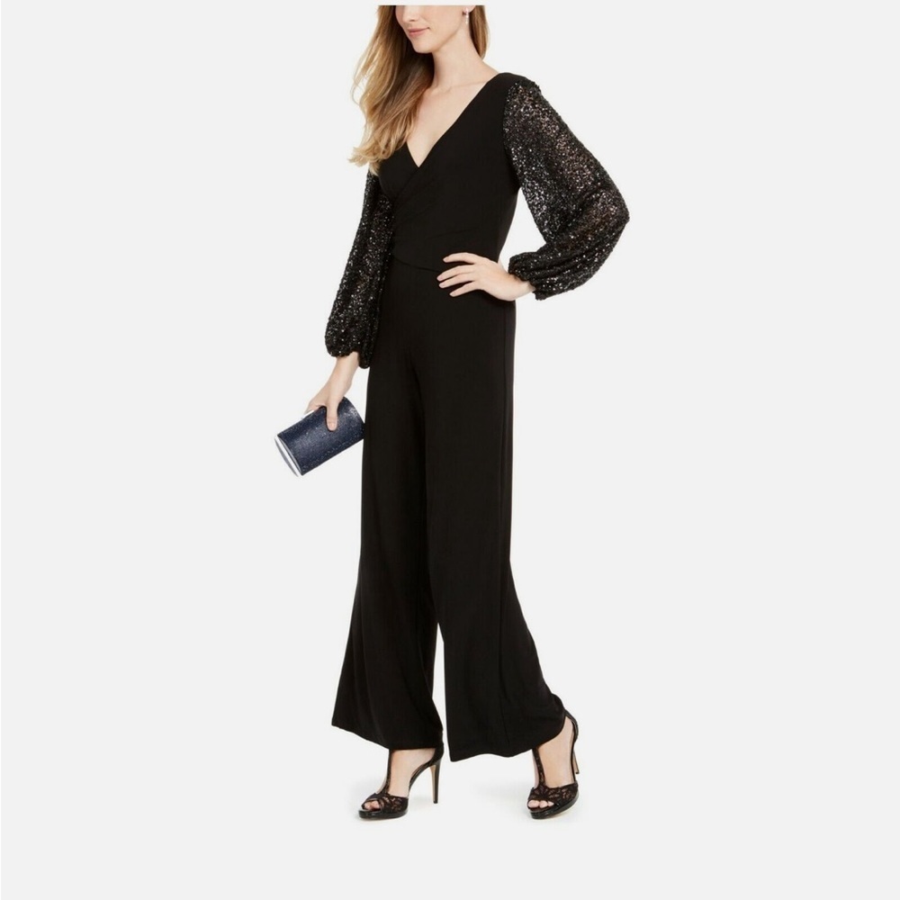 Adrianna Papell Black Jumpsuit with Sequin Sleeves